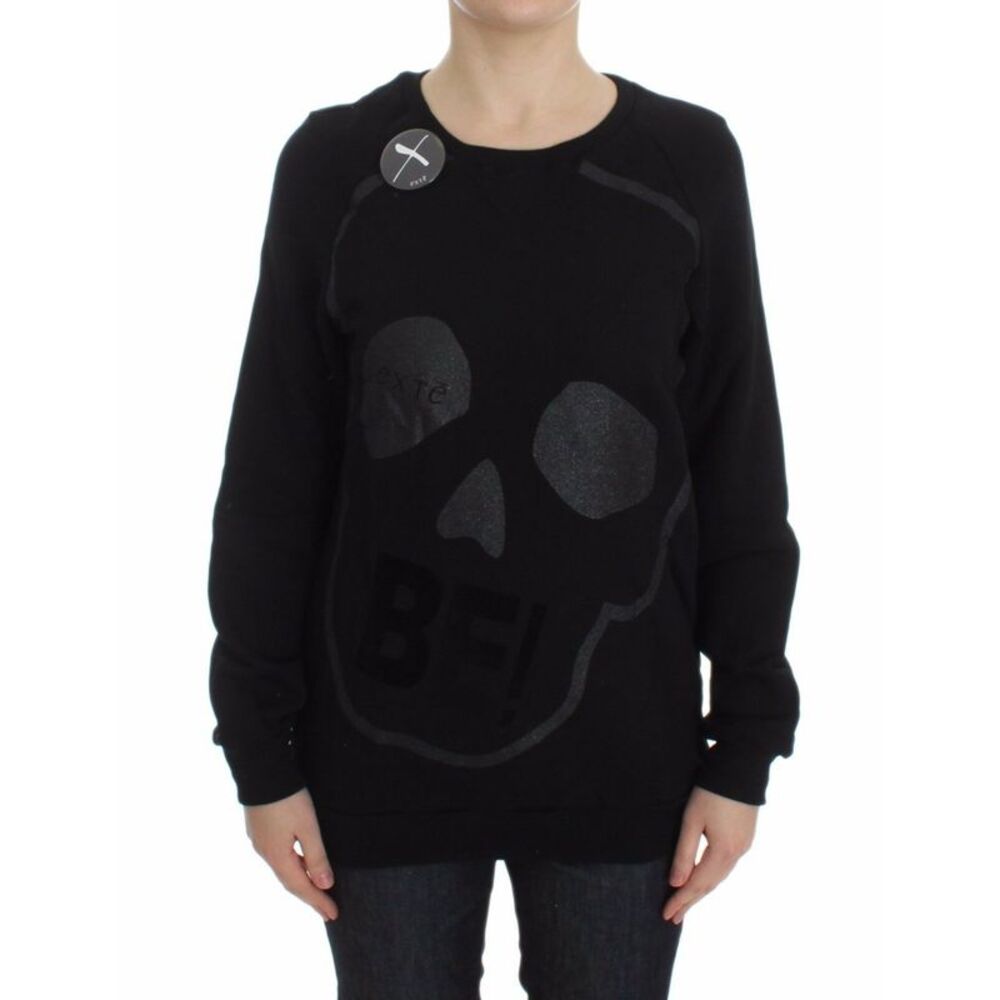 Exte Black Cotton Motive Print Crewneck Pullover Women's Sweater